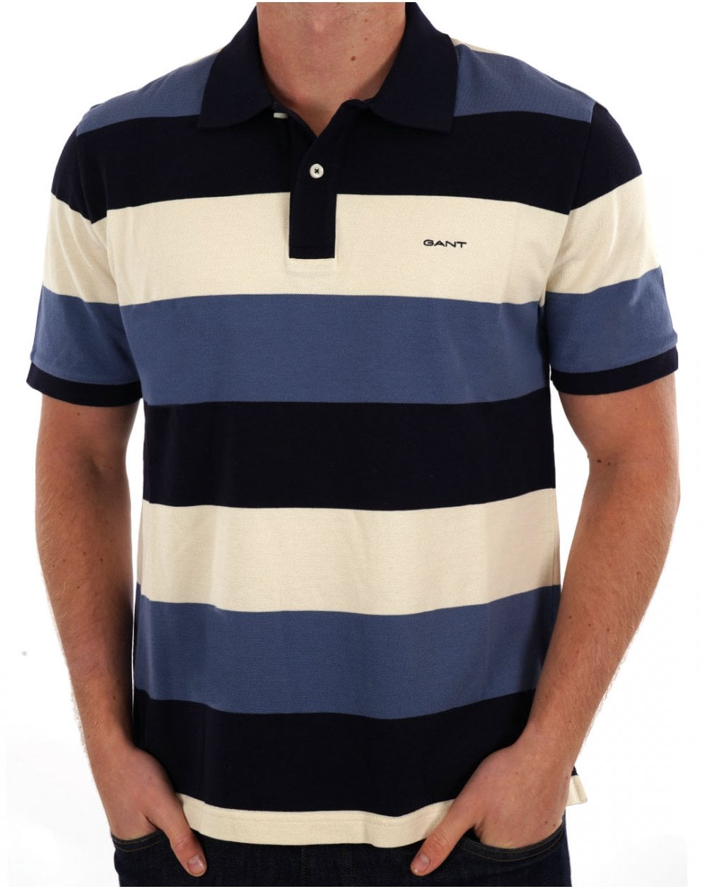 Gant Block Striped Pique Polo Shirt Navy Blue