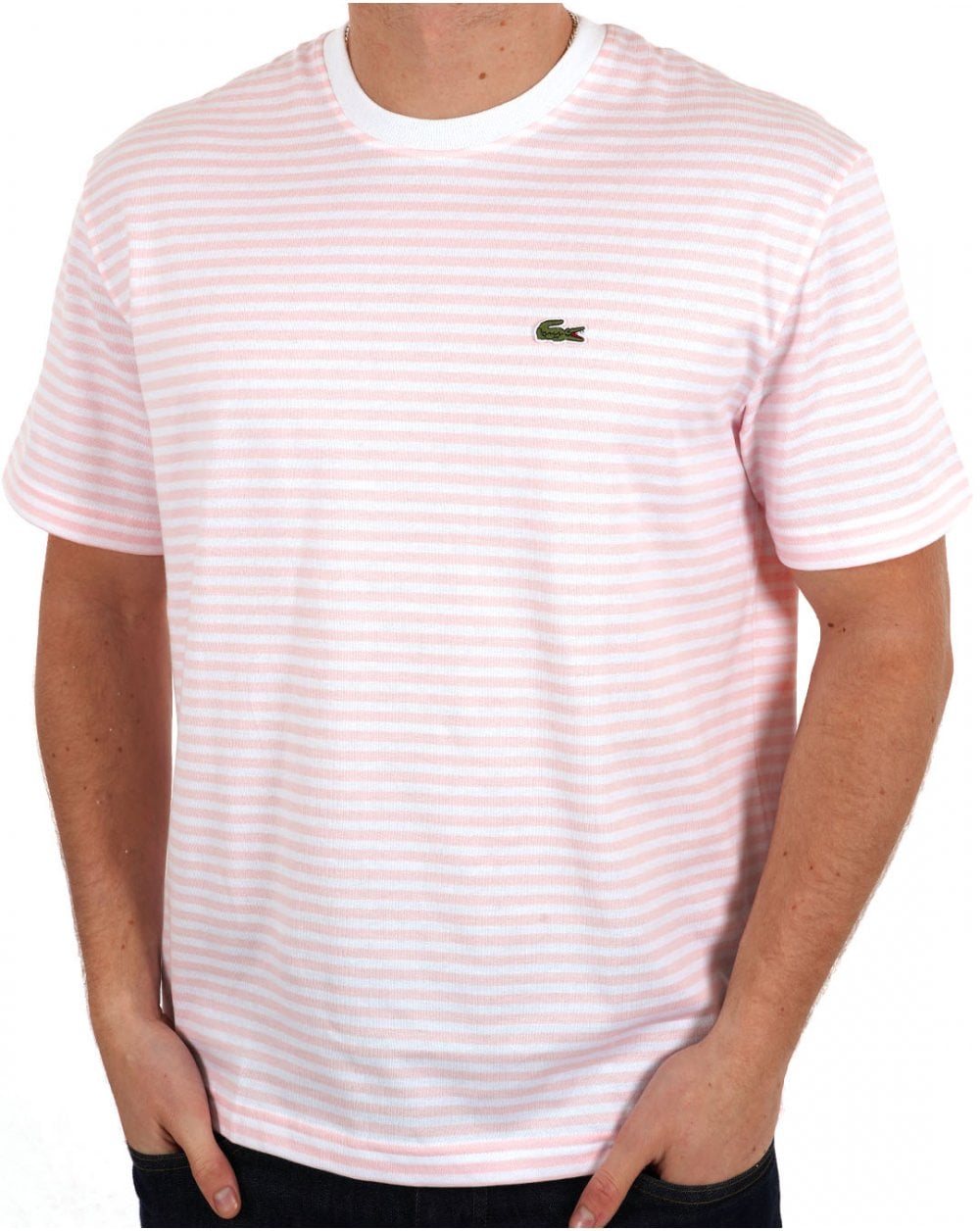 Lacoste Striped T Shirt White Pink