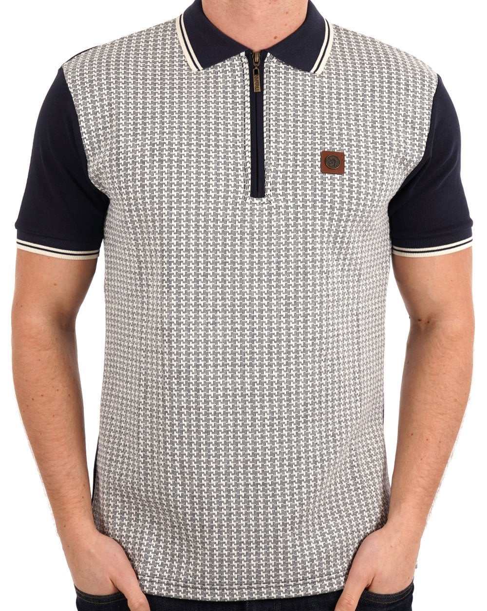Trojan Textured Houndstooth Panel Polo Navy
