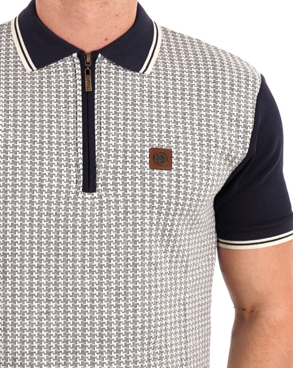 Trojan Textured Houndstooth Panel Polo Navy