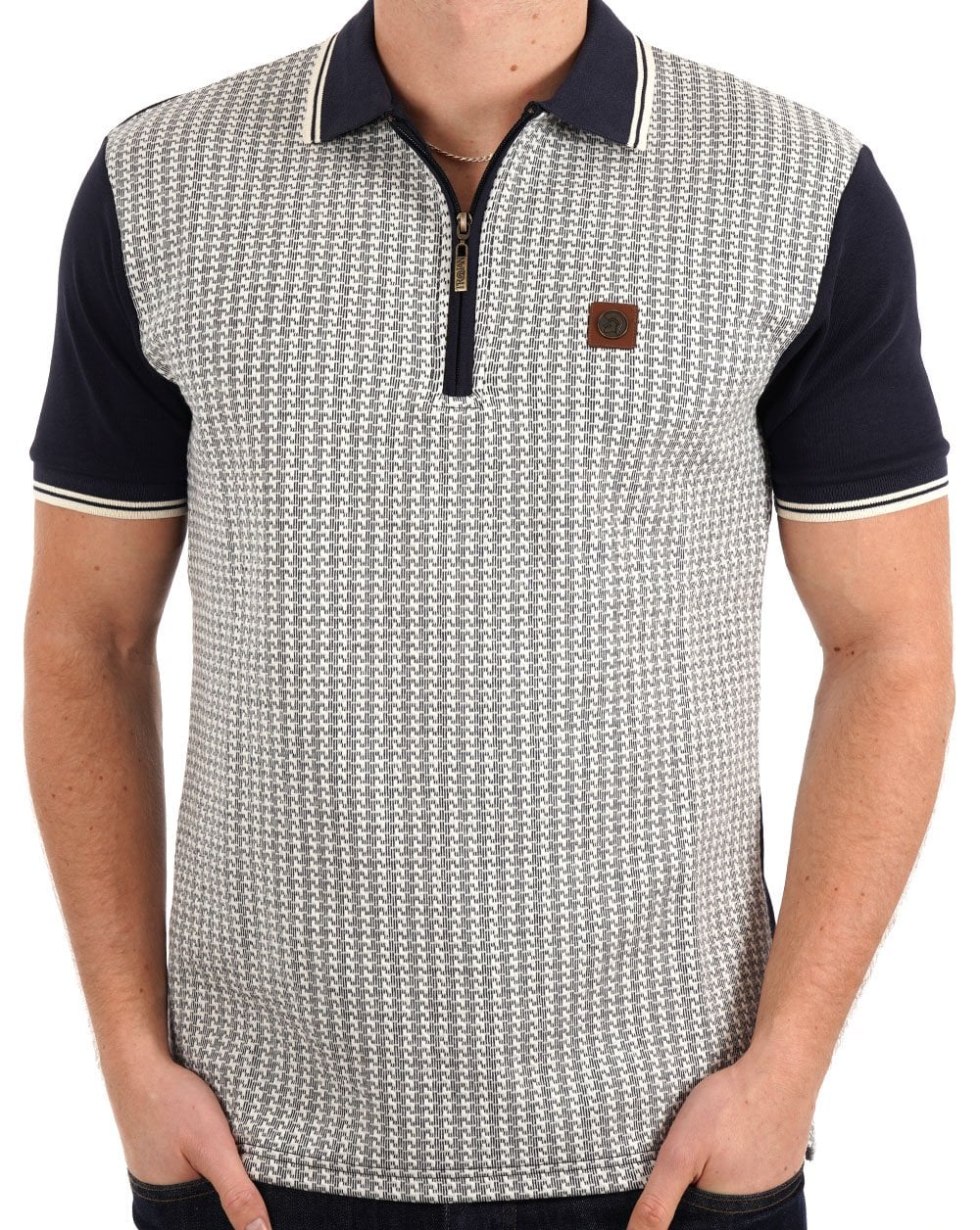 Trojan Textured Houndstooth Panel Polo Navy