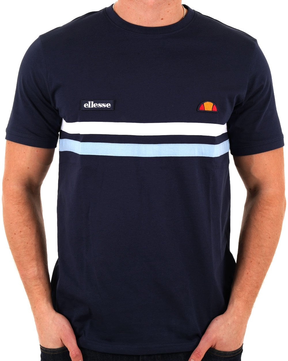 Ellesse Two Stripe T Shirt Navy/White/Sky