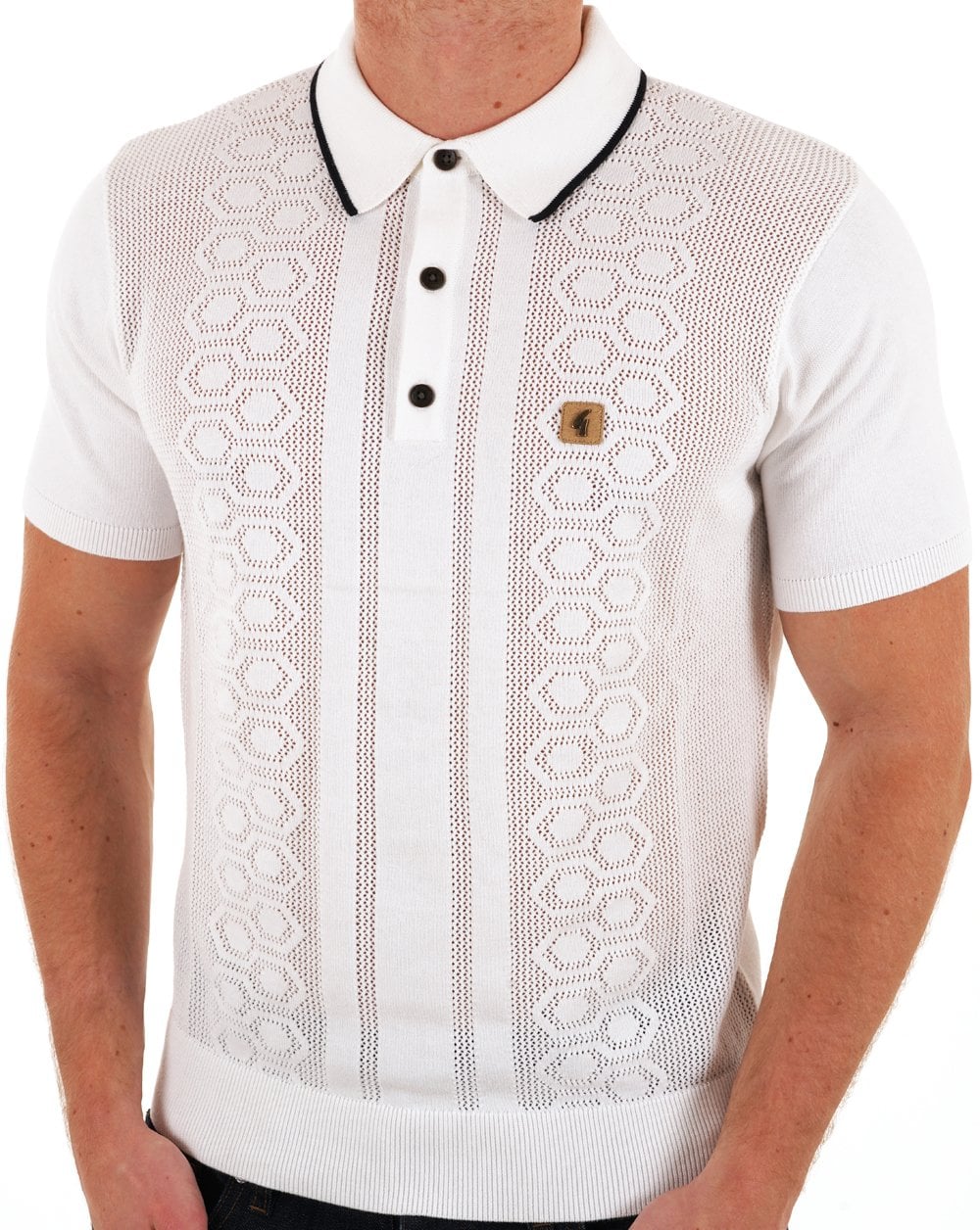 Gabicci Vintage Knitted Weave Polo Shirt White