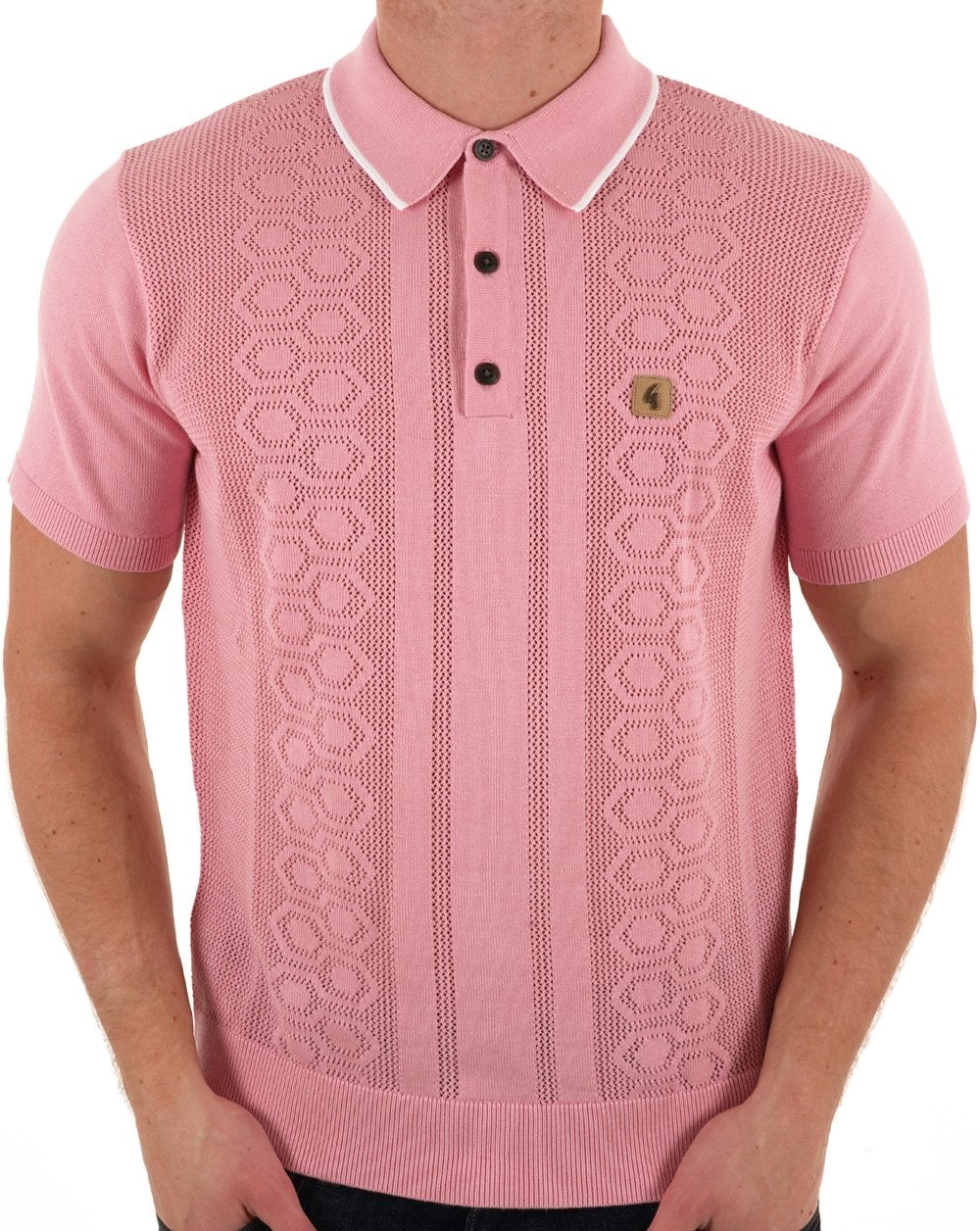 Gabicci Vintage Knitted Weave Polo Shirt Pink