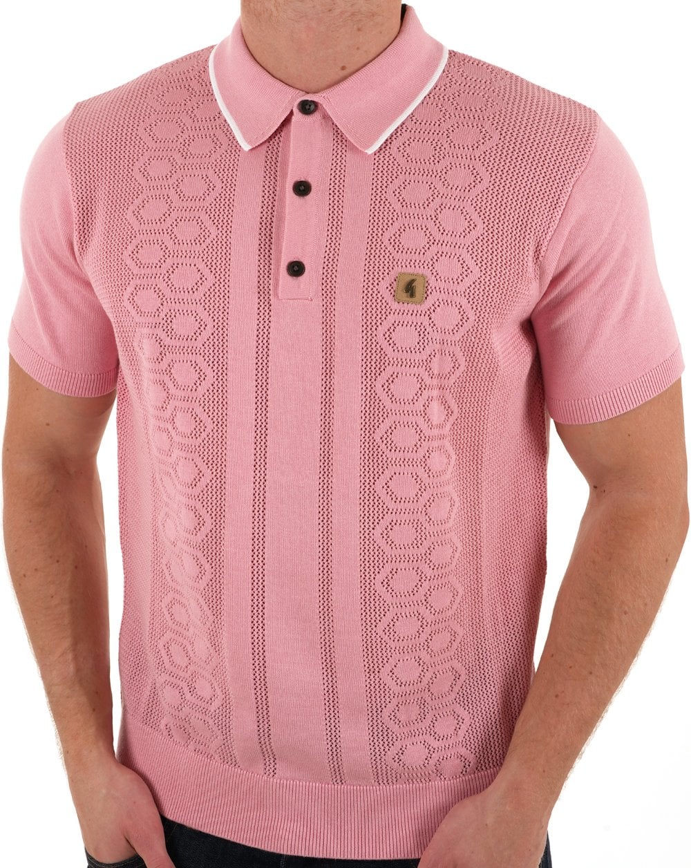 Gabicci Vintage Knitted Weave Polo Shirt Pink