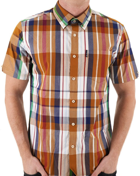 Ben Sherman Large Madras Check Short Sleeve Shirt Caramel