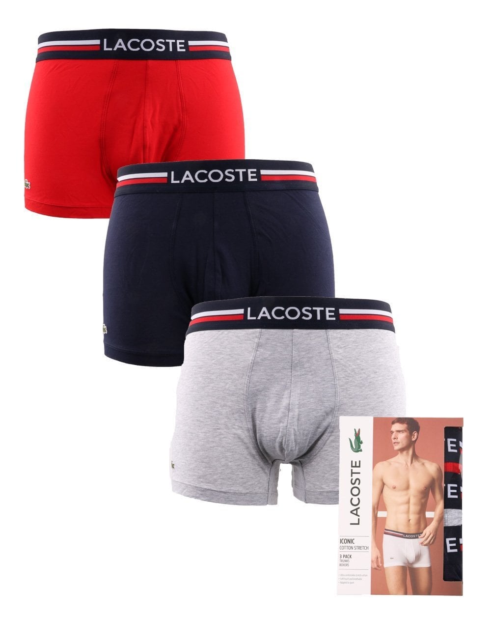 Lacoste Triple Pack Boxer Trunks Navy/Silver Chine/Red