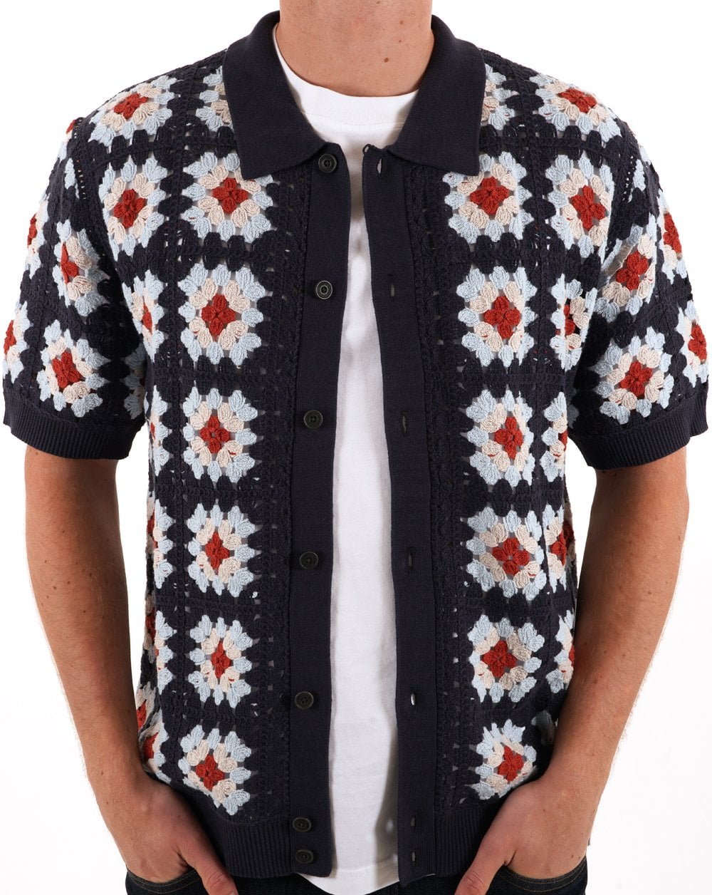 Pretty Green Timperley Geo Knit Shirt Navy