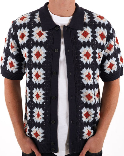 Pretty Green Timperley Geo Knit Shirt Navy