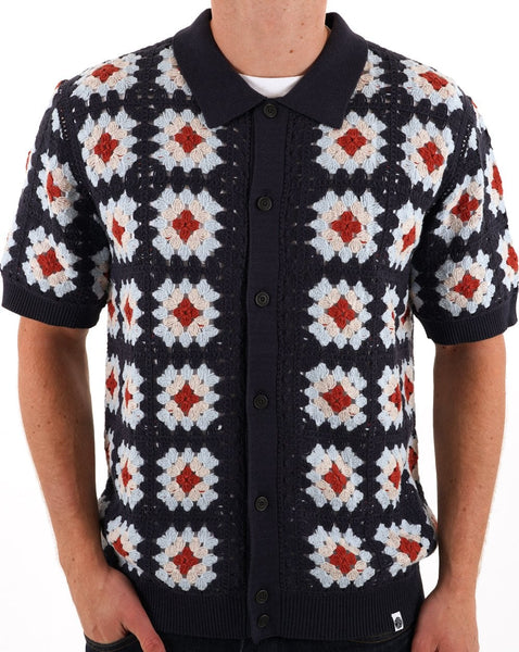 Pretty Green Timperley Geo Knit Shirt Navy