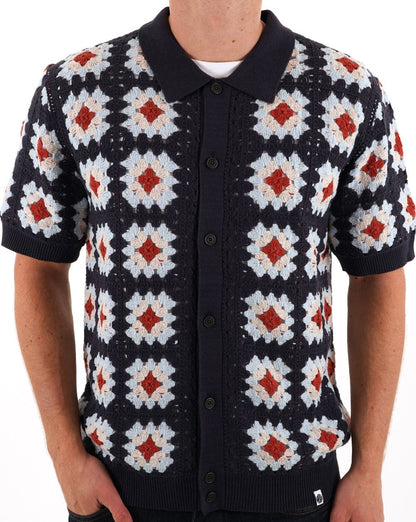 Pretty Green Timperley Geo Knit Shirt Navy