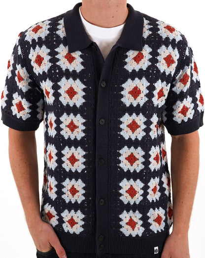 Pretty Green Timperley Geo Knit Shirt Navy