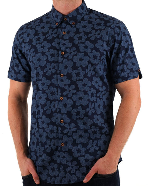 Ben Sherman Stipple Floral Print SS Shirt Dark Navy