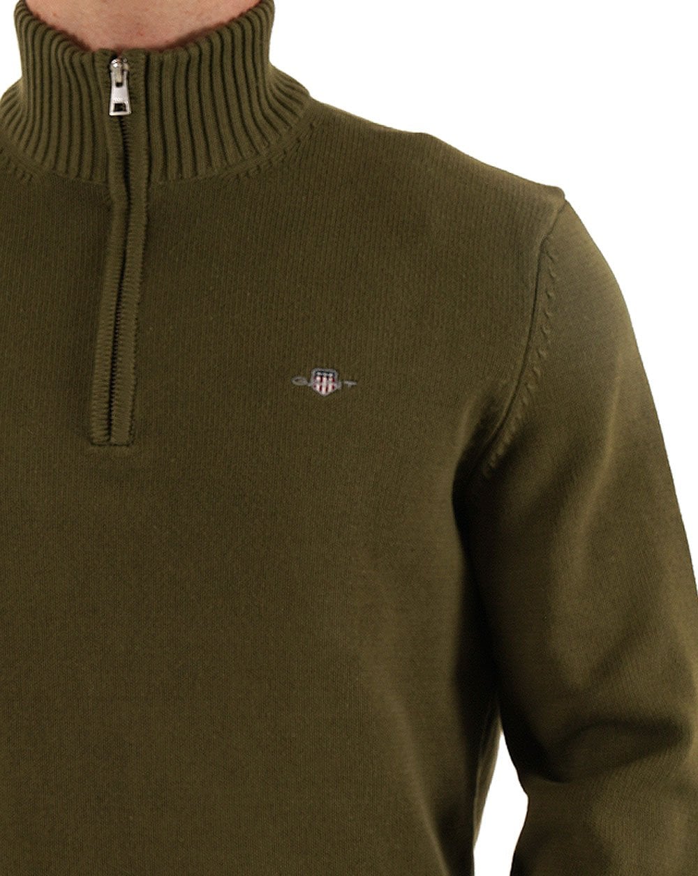 Gant Baumwollpullover mit halbem Reißverschluss, Moosgrün