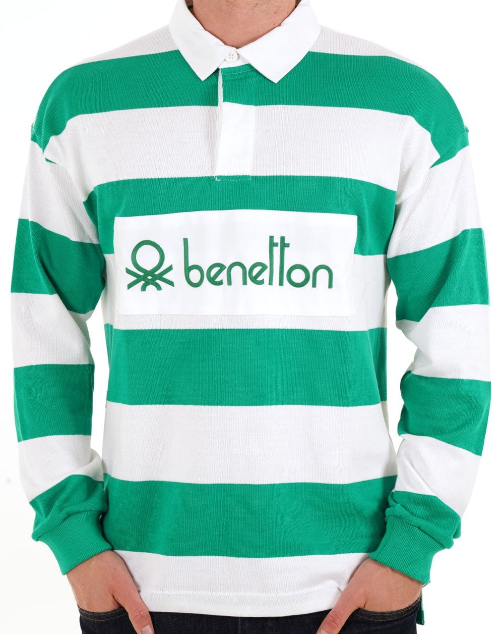 Benetton Striped Rugby Shirt White/Green