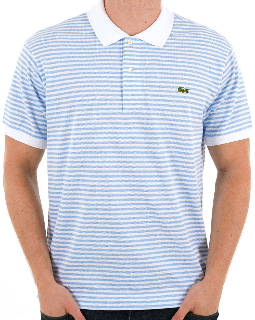 Lacoste Fine Stripe Polo Shirt White/Sky Blue