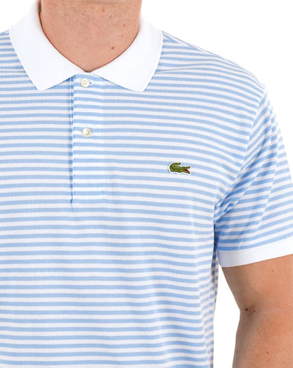 Lacoste Fine Stripe Polo Shirt White/Sky Blue