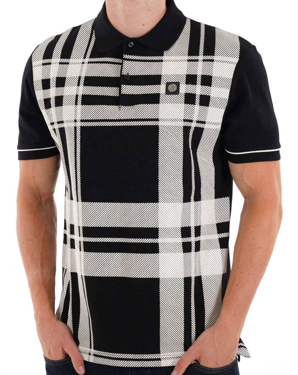 Trojan Oversized Print Check Polo Black