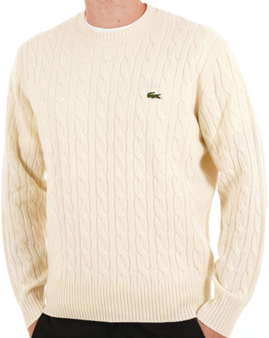 Lacoste Lacoste Cable Knit Carded Wool Jumper Ecru