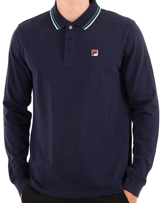 Fila Vintage Tipped Long Sleeve Polo Shirt Navy