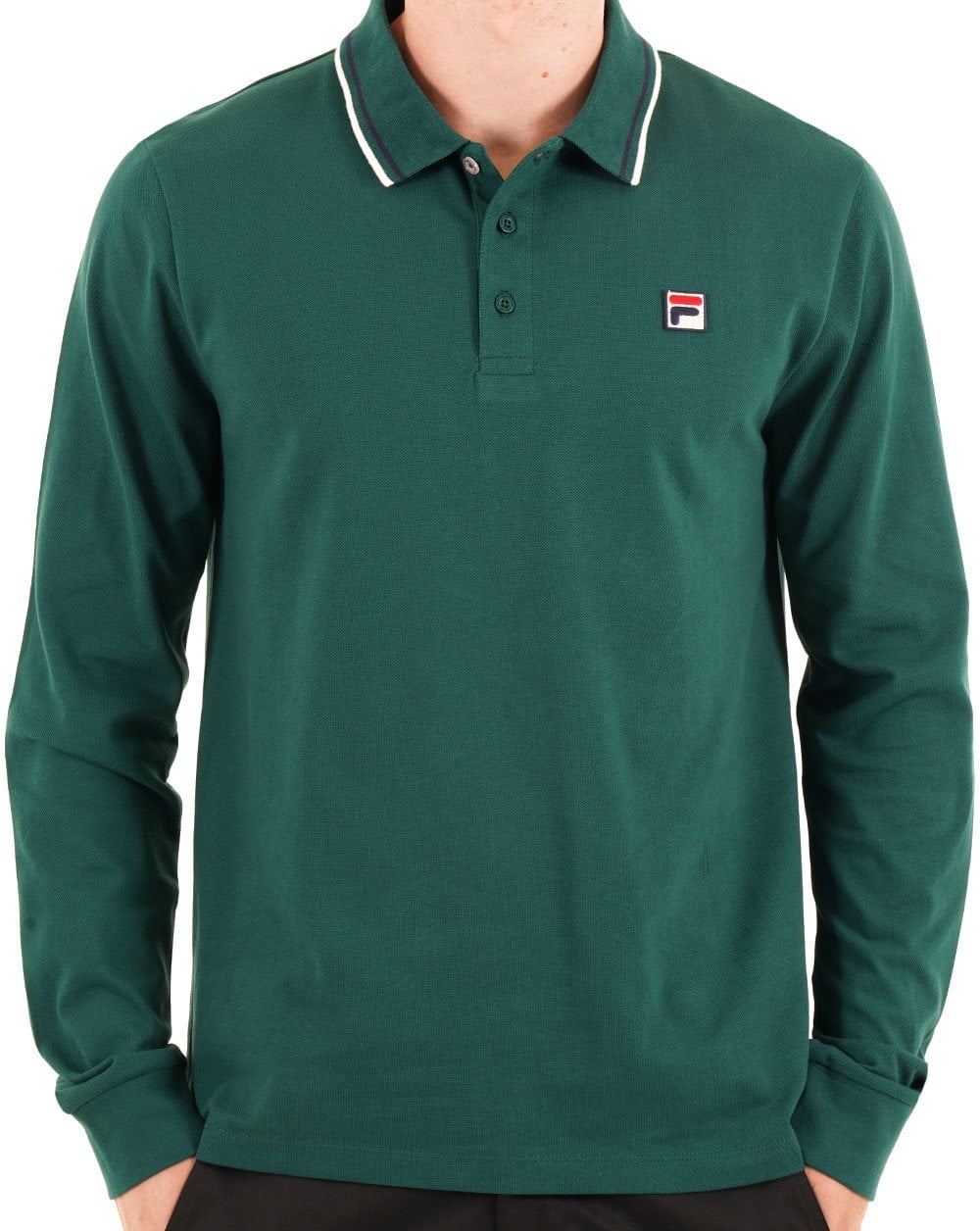 Fila Vintage Tipped Long Sleeve Polo Shirt Deep Green