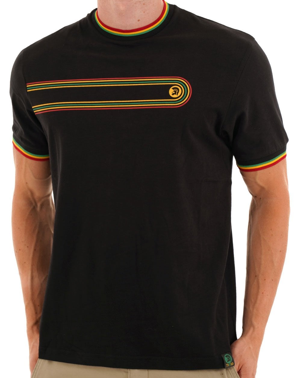 Trojan Retro Print Ringer T Shirt Black