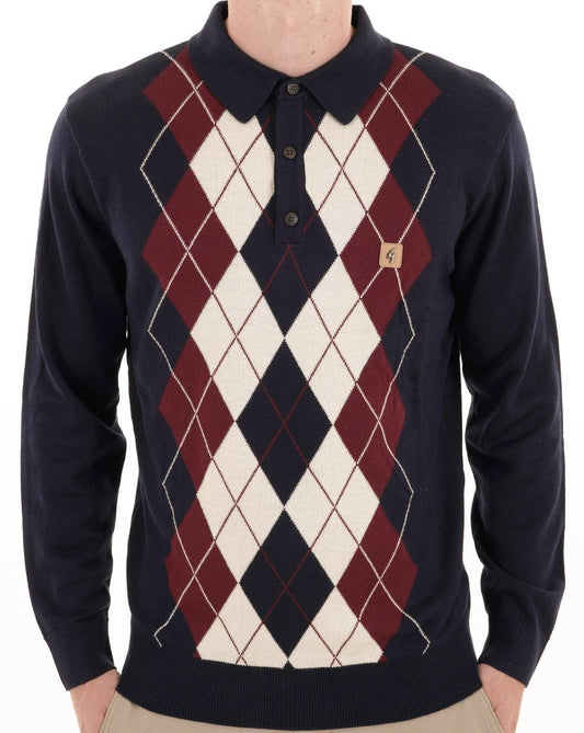 Gabicci Vintage Gabicci Vintage Argyle Diamond Knit Polo Navy