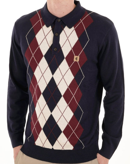 Gabicci Vintage Argyle Diamond Knit Polo Navy