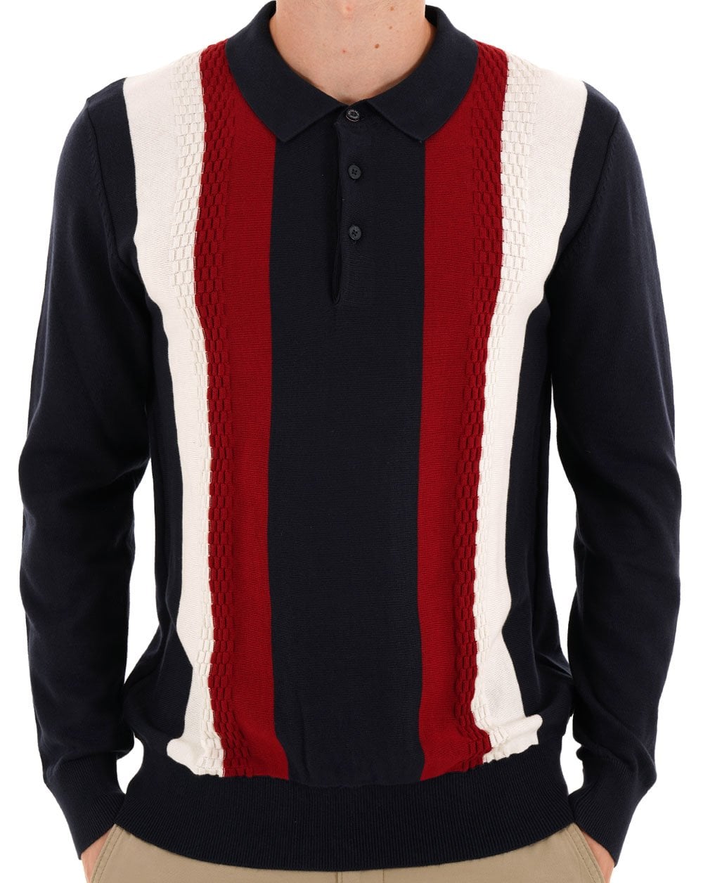 Ben Sherman Vertical Stripe LS Knit Polo Dark Navy