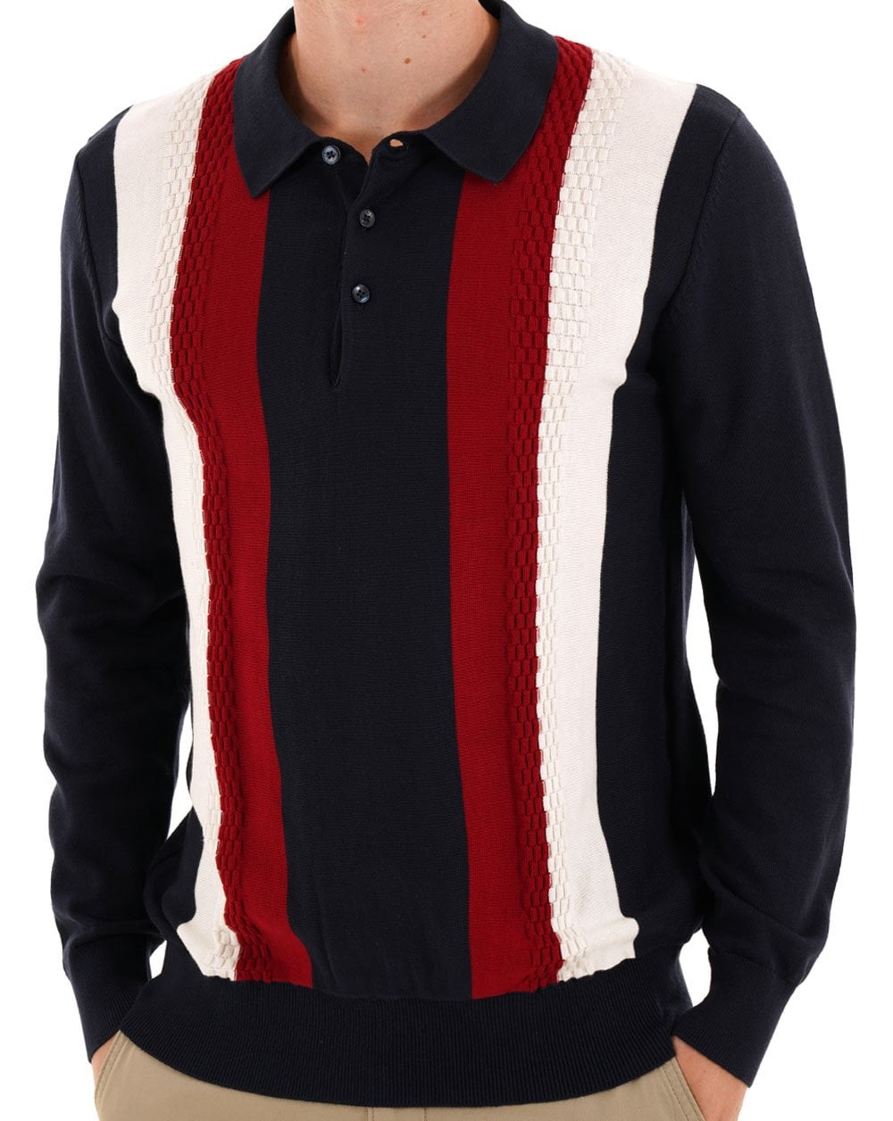 Ben Sherman Vertical Stripe LS Knit Polo Dark Navy