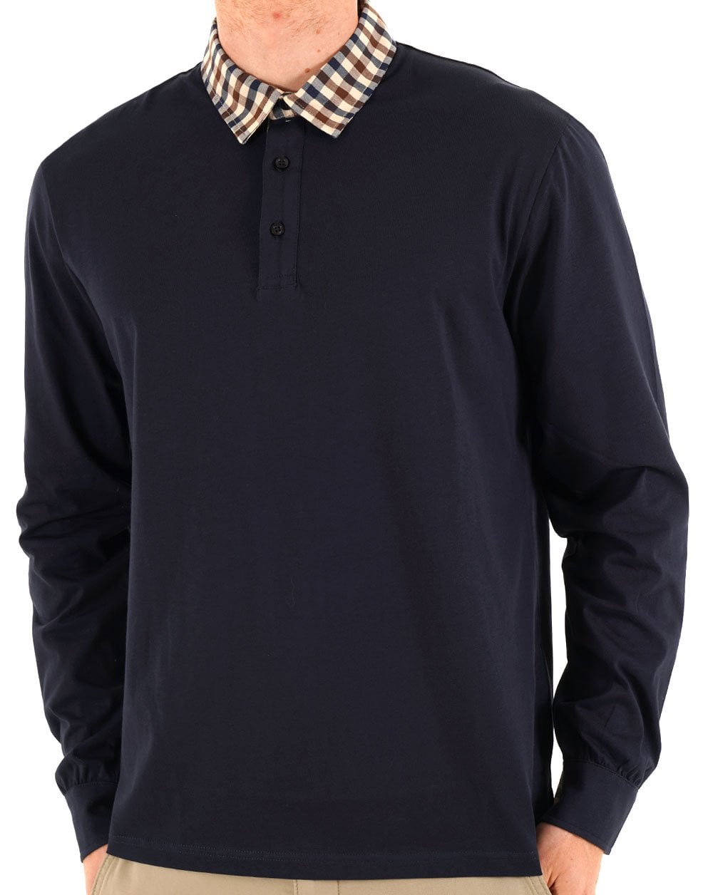 Aquascutum Club Check Long Sleeve Polo Navy