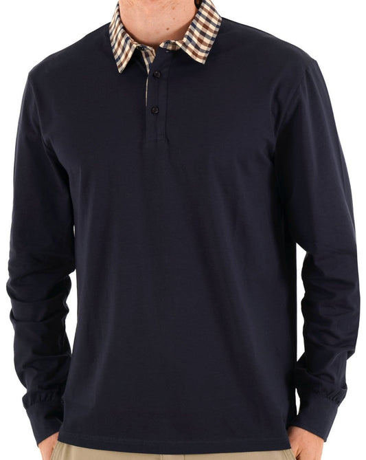 Aquascutum Club Check Long Sleeve Polo Navy