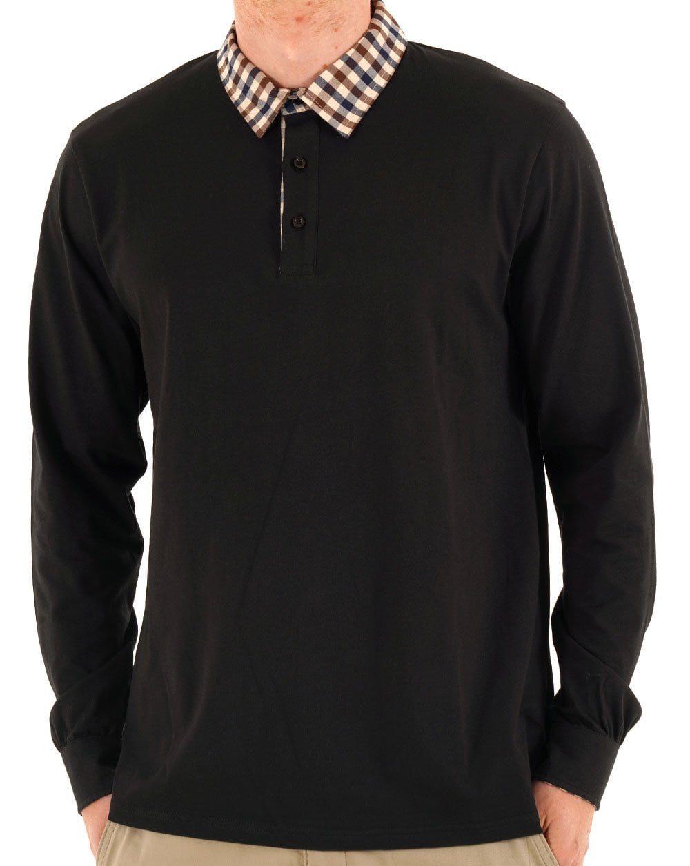 Aquascutum Club Check Long Sleeve Polo Black