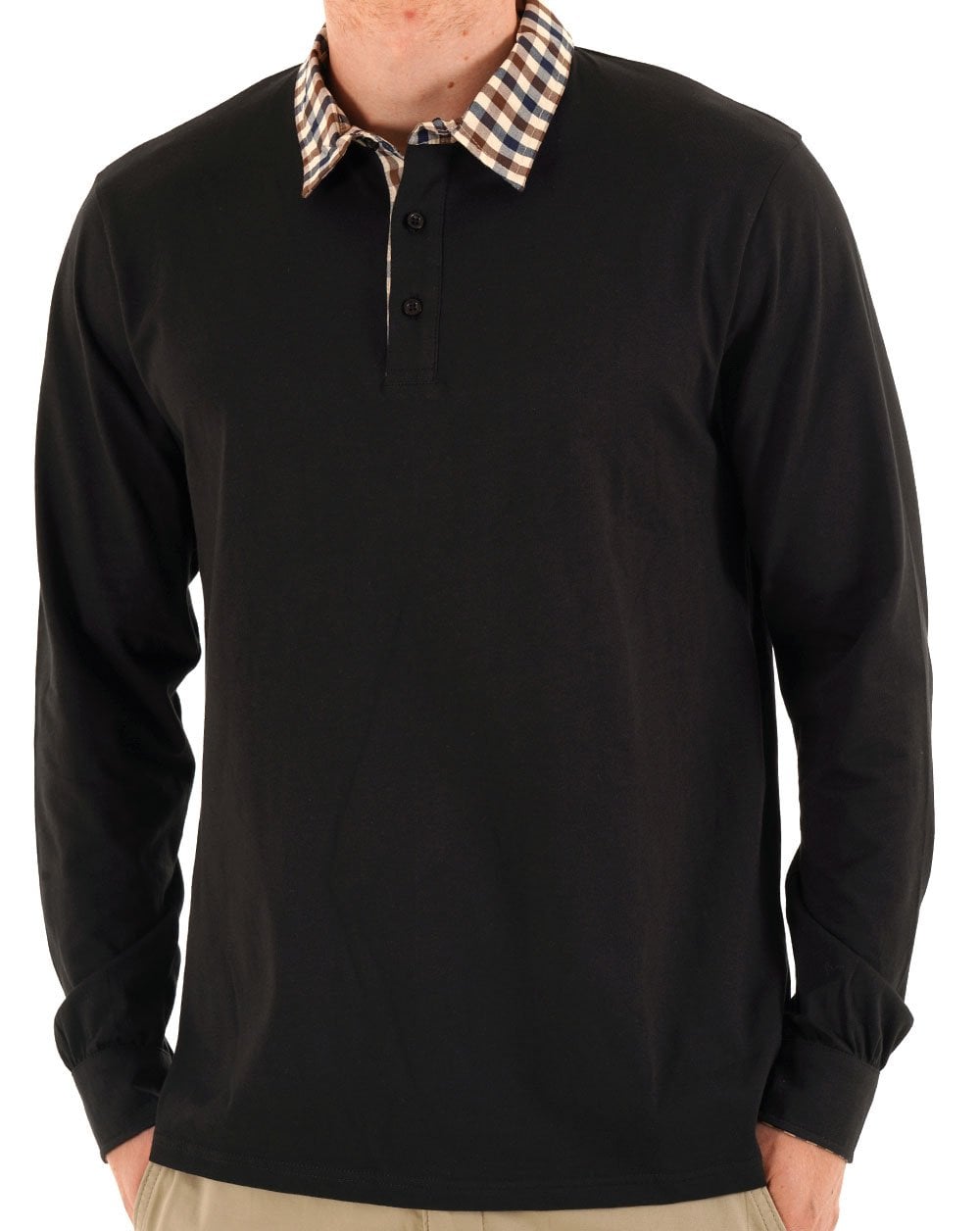 Aquascutum Club Check Long Sleeve Polo Black