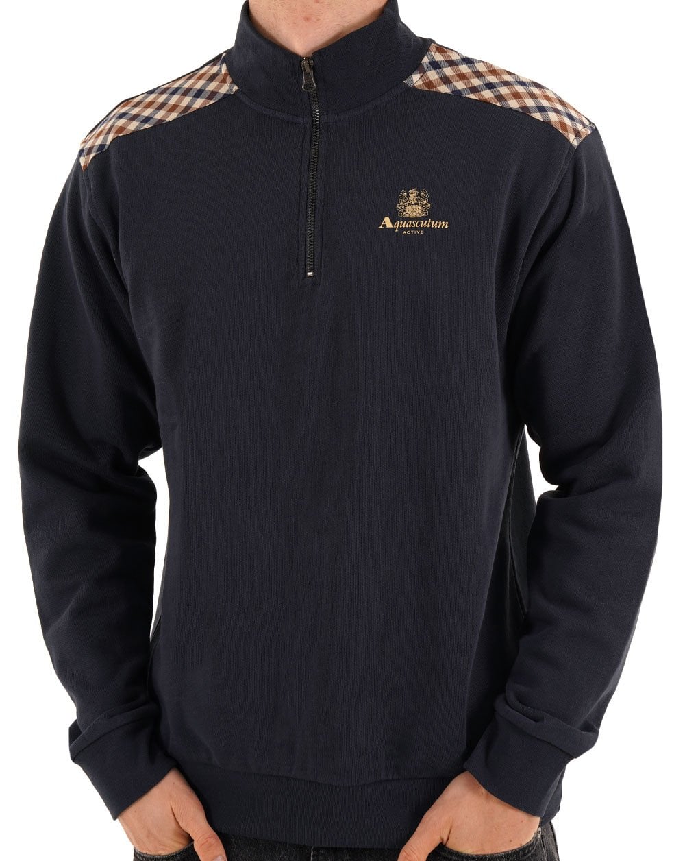 Aquascutum Check Shoulder Quarter Zip Navy