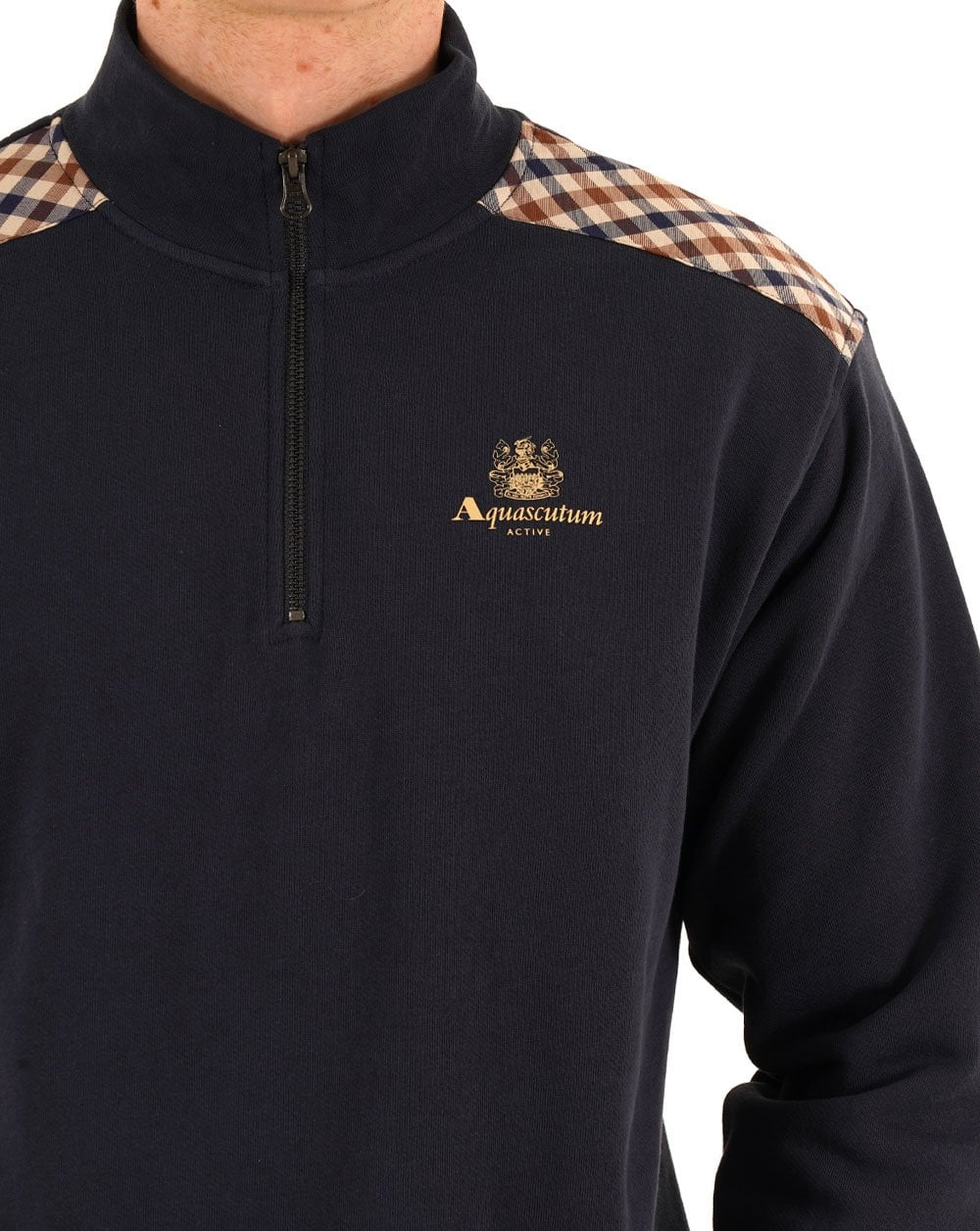 Aquascutum Check Shoulder Quarter Zip Navy