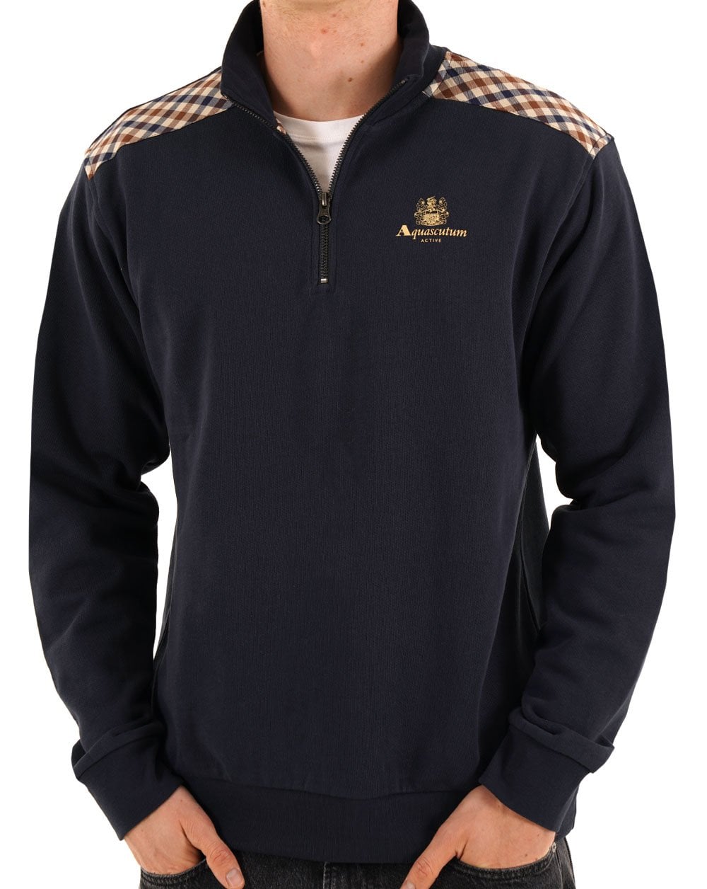 Aquascutum Check Shoulder Quarter Zip Navy