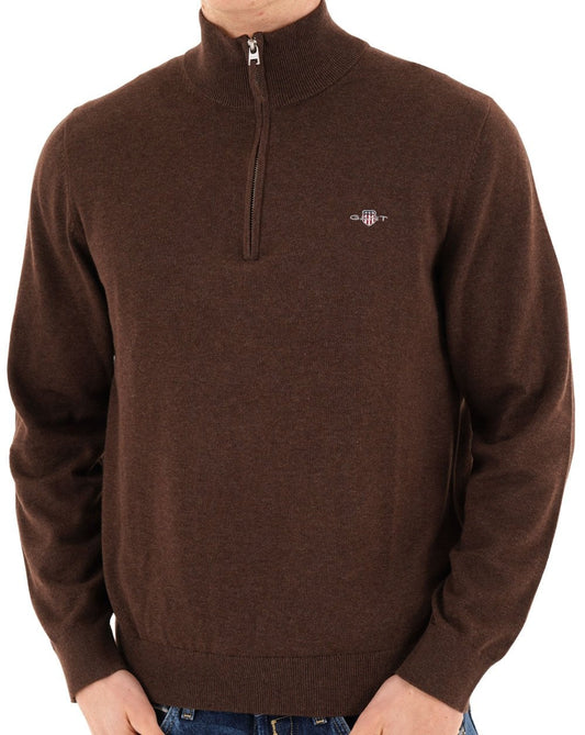 Gant Classic Cotton Half Zip Jumper Brown Melange