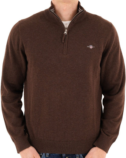 Gant Classic Cotton Half Zip Jumper Brown Melange