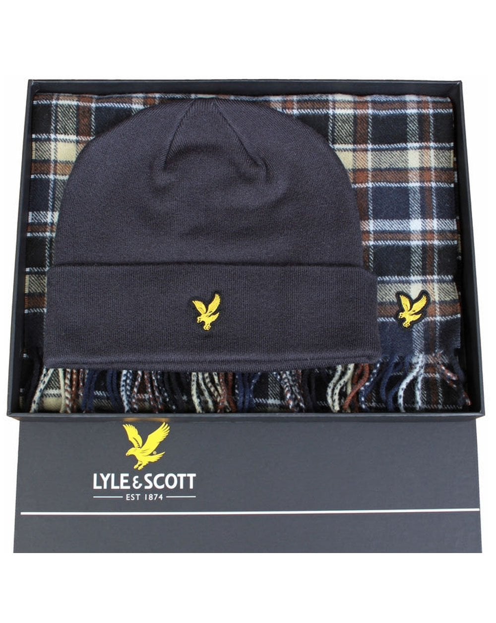 Lyle & Scott Lambswool Blend Scarf & Beanie Set Blue Night