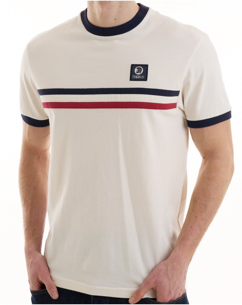 Trojan Stripe Front T Shirt Ecru