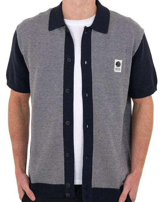 Pretty Green Pretty Green Roxy Knit Short Sleeve Shirt Grey/Navy
