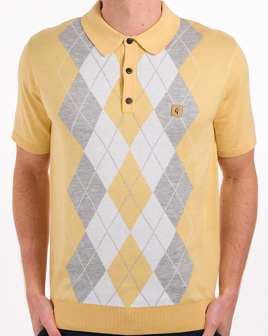 Gabicci Vintage Argyle Diamond Knit Polo Lemon