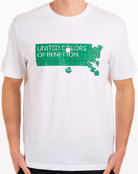 Benetton Jigsaw Logo T Shirt White/Green