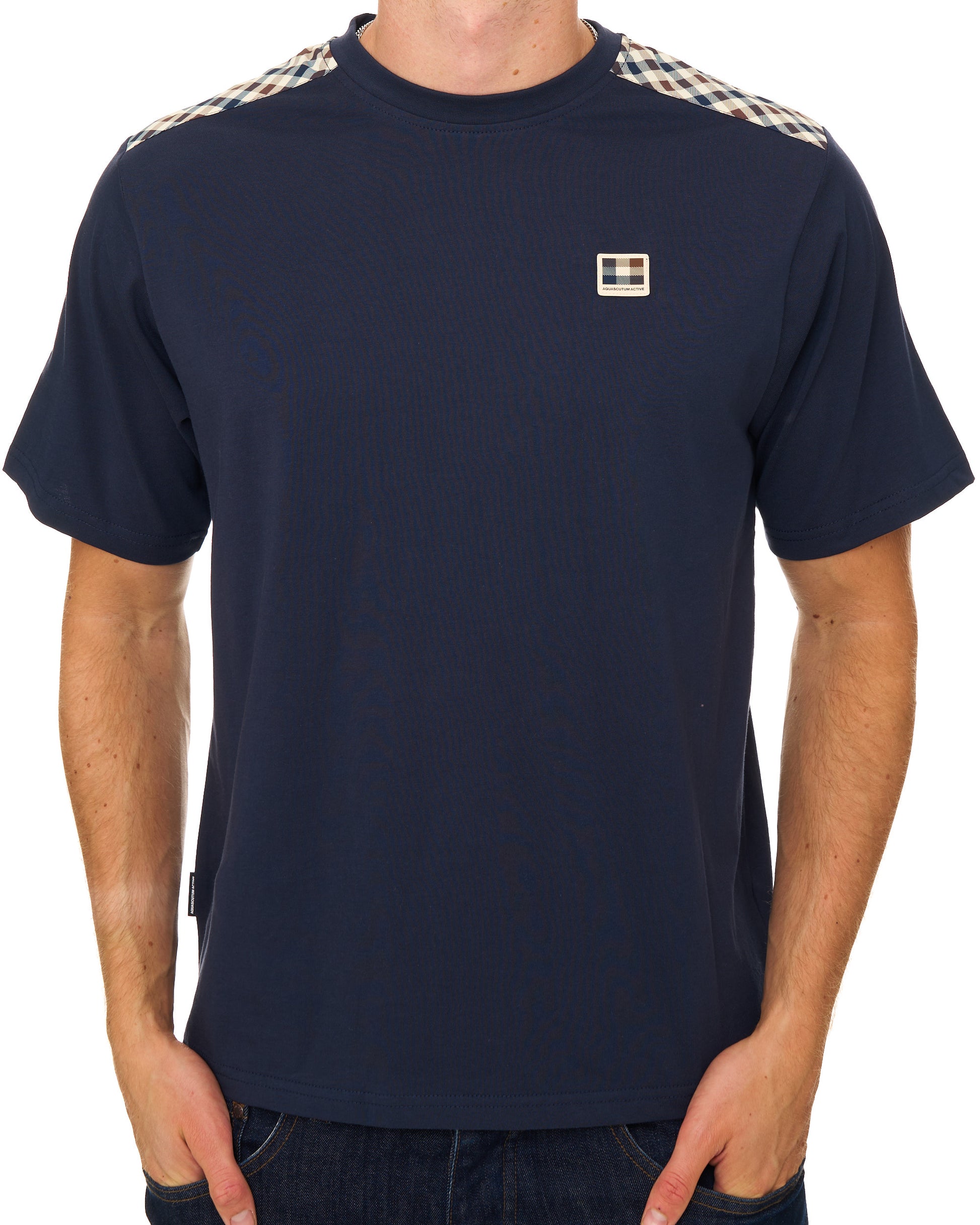 Aquascutum Check Shoulder T Shirt Navy