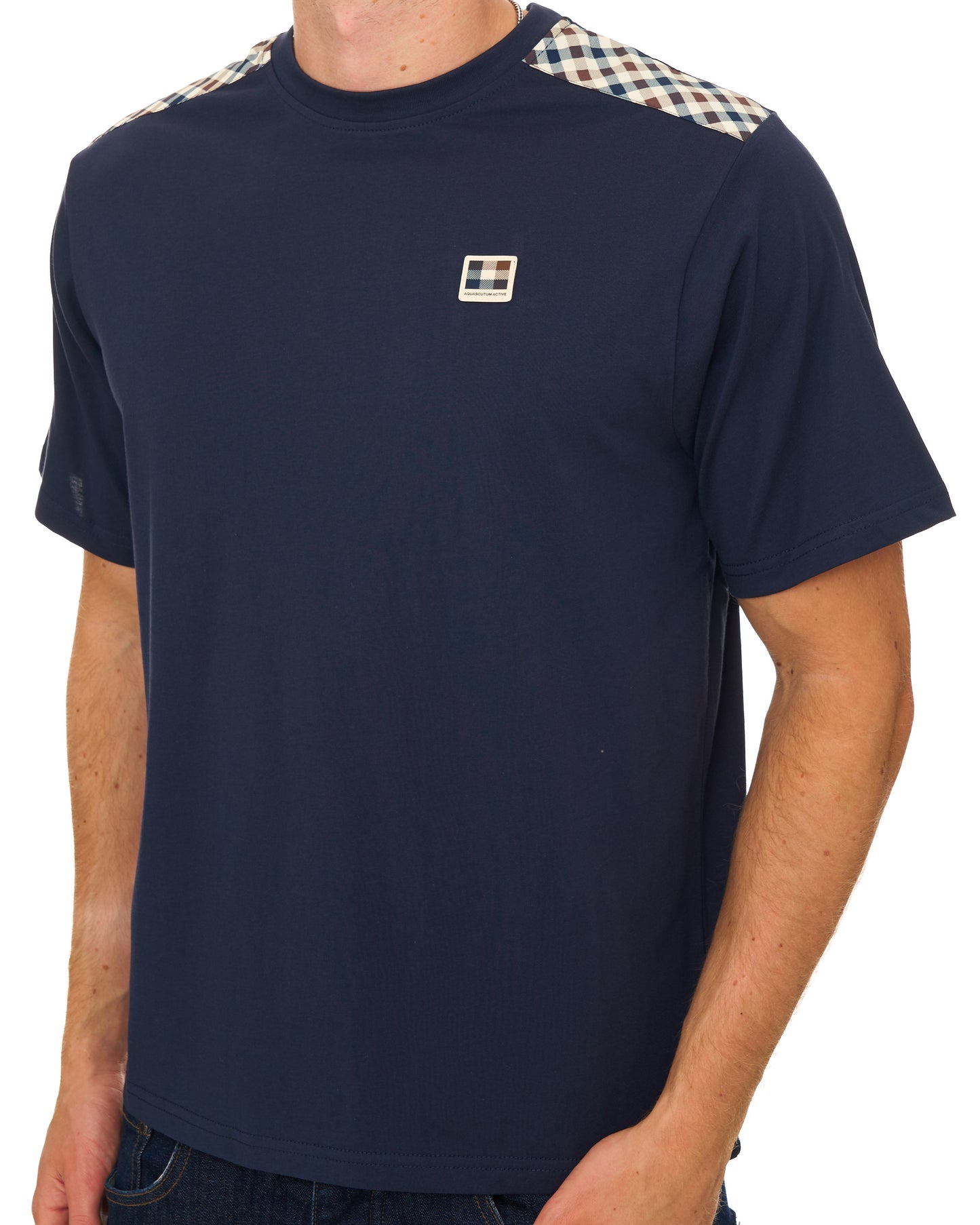 Aquascutum Check Shoulder T Shirt Navy