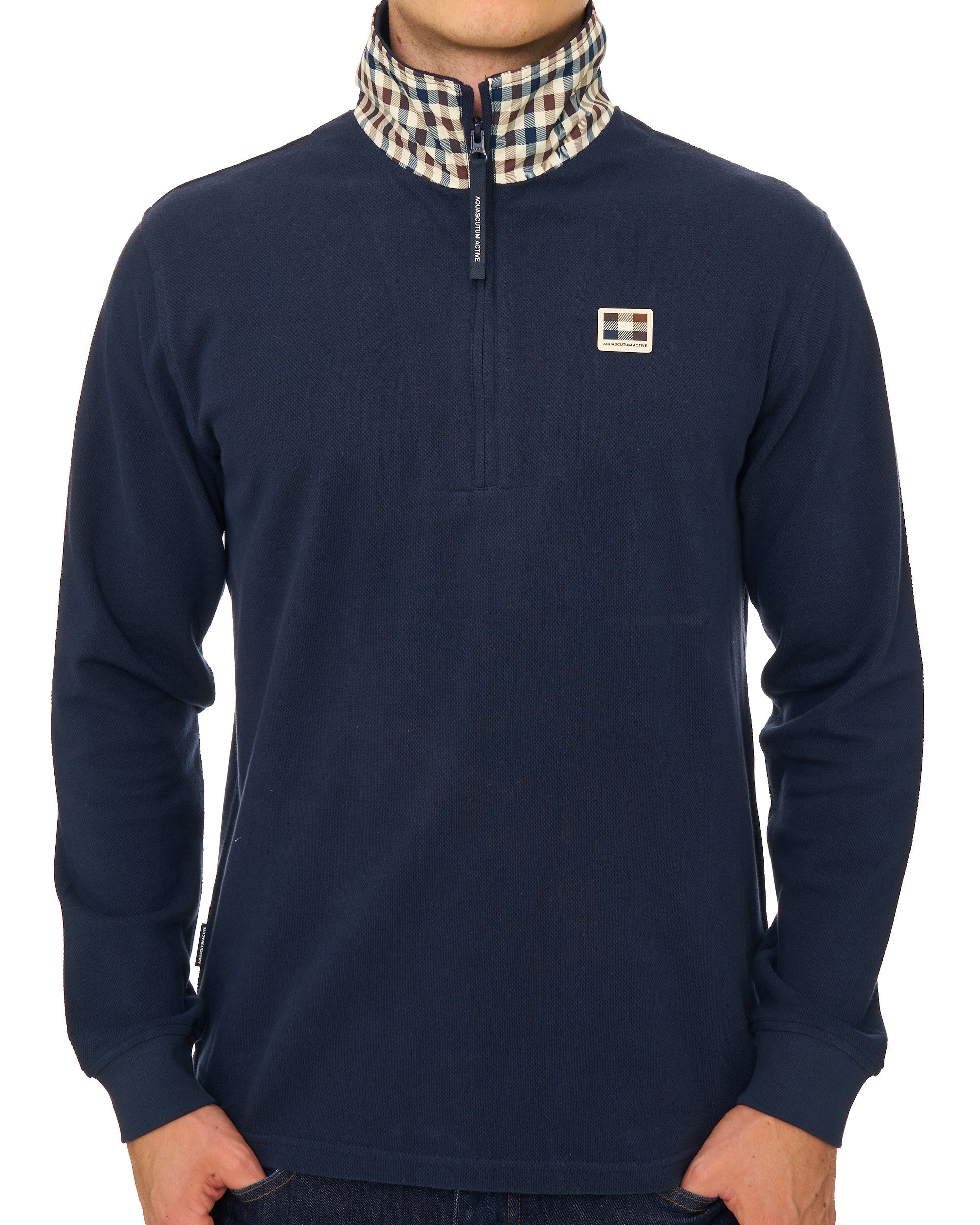 Aquascutum Heavy Pique Collar Zip LS Polo Navy