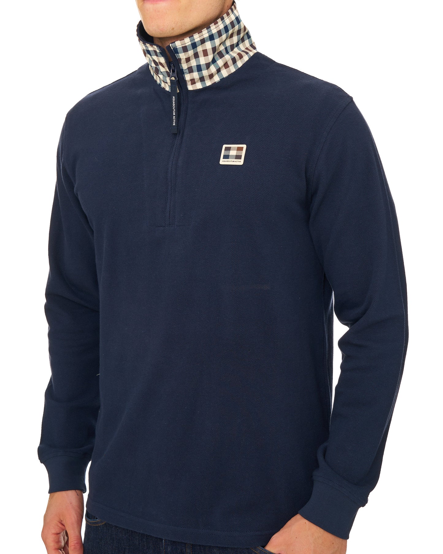 Aquascutum Heavy Pique Collar Zip LS Polo Navy
