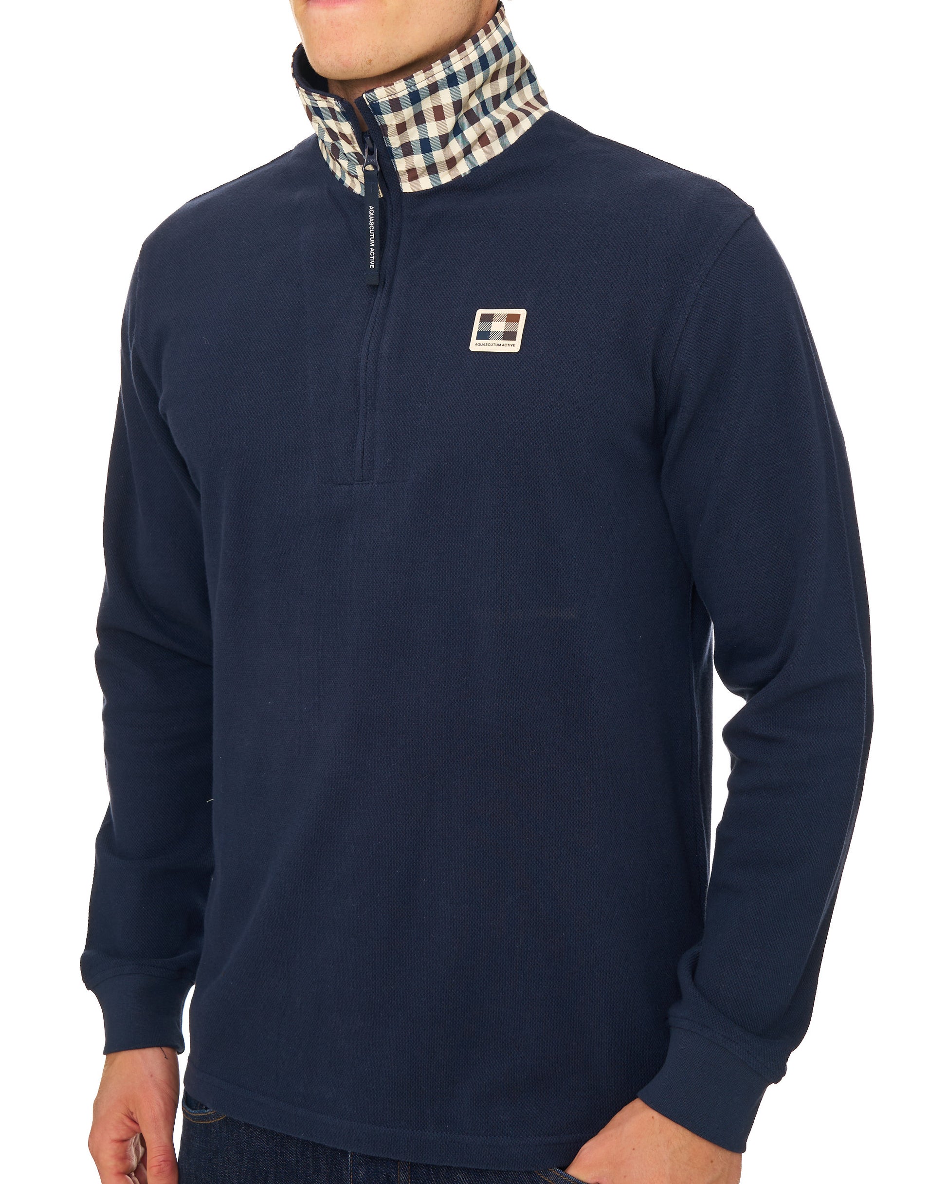 Aquascutum Heavy Pique Collar Zip LS Polo Navy