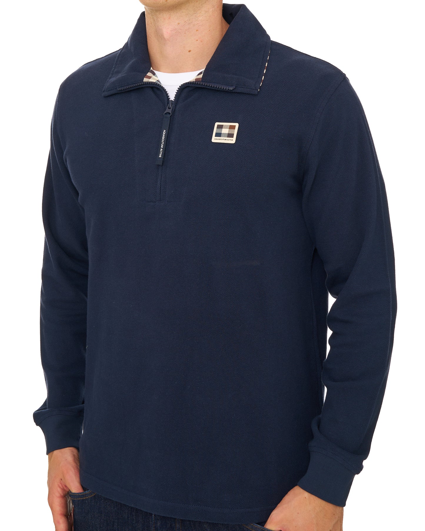 Aquascutum Heavy Pique Collar Zip LS Polo Navy